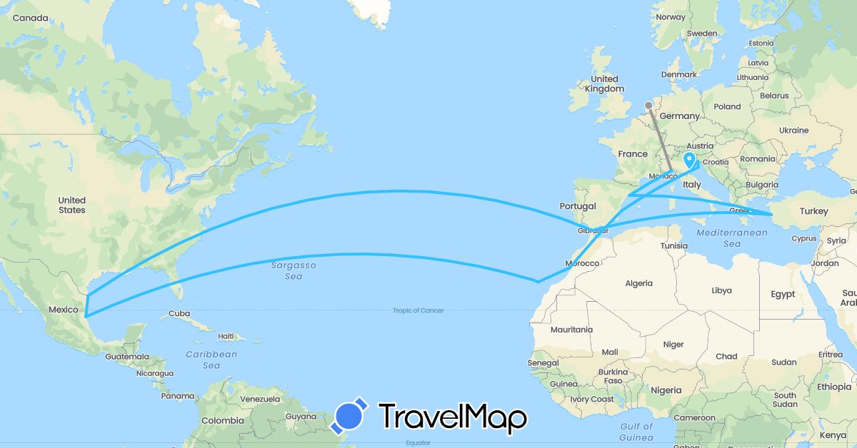 TravelMap itinerary: driving, plane, boat in Spain, Croatia, Italy, Morocco, Mexico, Netherlands, Turkey, United States (Africa, Asia, Europe, North America)